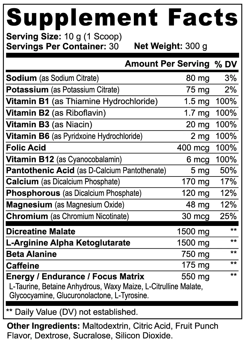 Caffeine, L-Arginine, Beta-Alanine & L-Citrulline Powder (Fruit Punch) Muscle Department