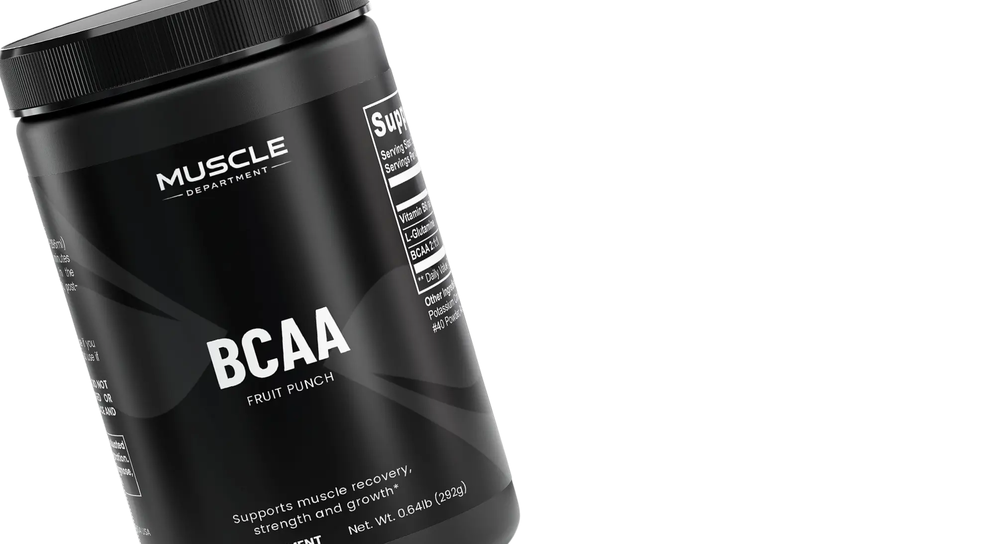 Black supplement container labeled 'BCAA' with 'Muscle Department' brand on a white background