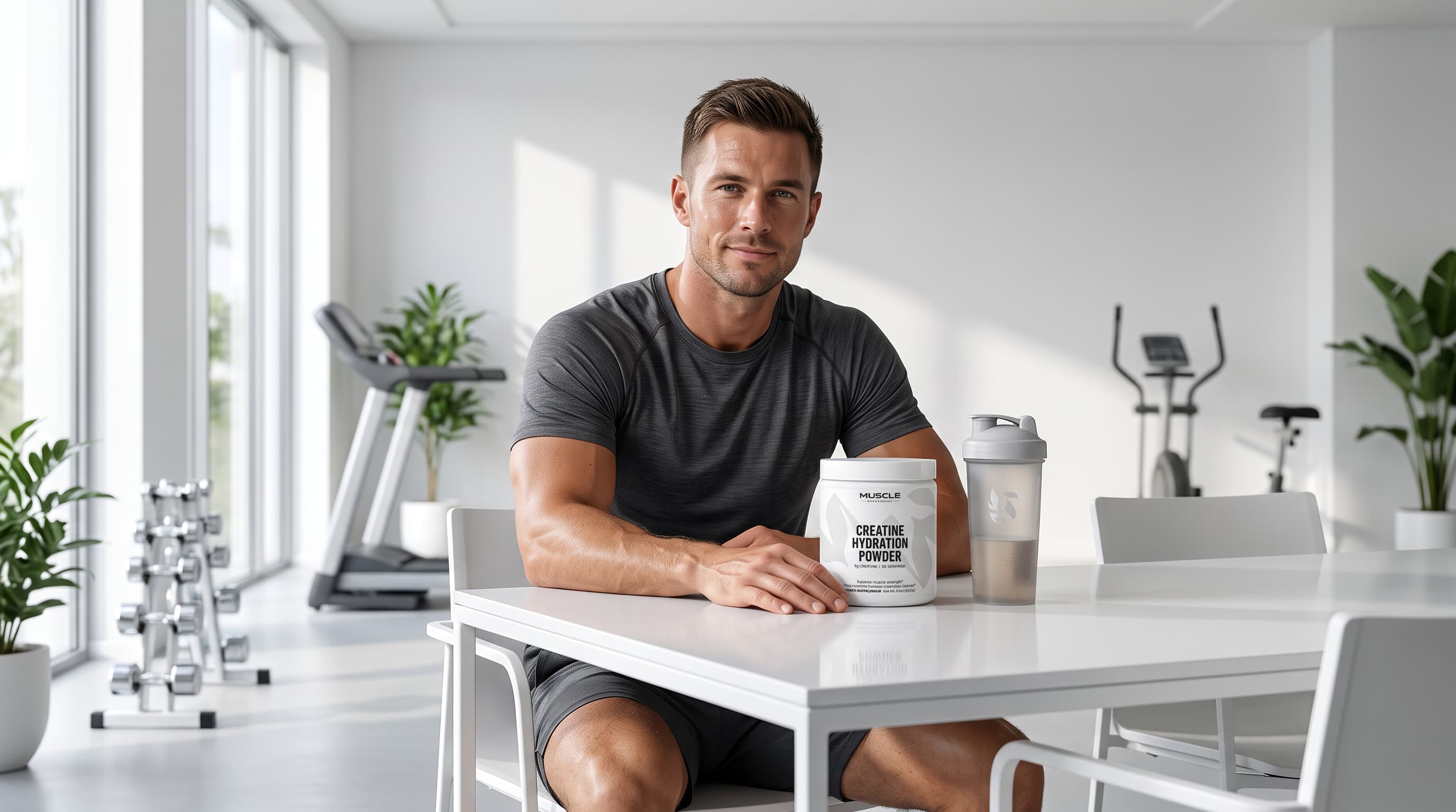 A man in a gym setting sits at a white table, wearing a dark gray t-shirt and shorts, with a shaker bottle and a tub of muscle dertment creatine powder in front of him.