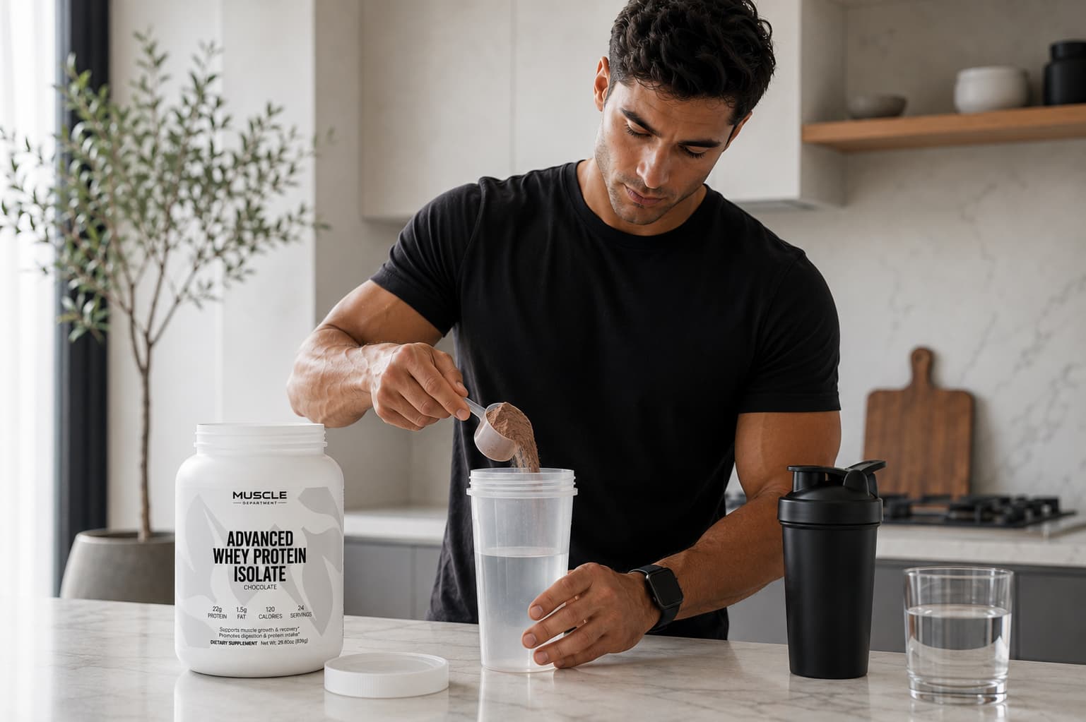 A man in a black t-shirt is shown in a modern kitchen setting, mixing powder from a white tub labeled 'MUSCLE DEPARTMENT Advanced Whey Protein Isolate' into a shaker cup. A black shaker bottle and a glass of water are also visible on the counter.