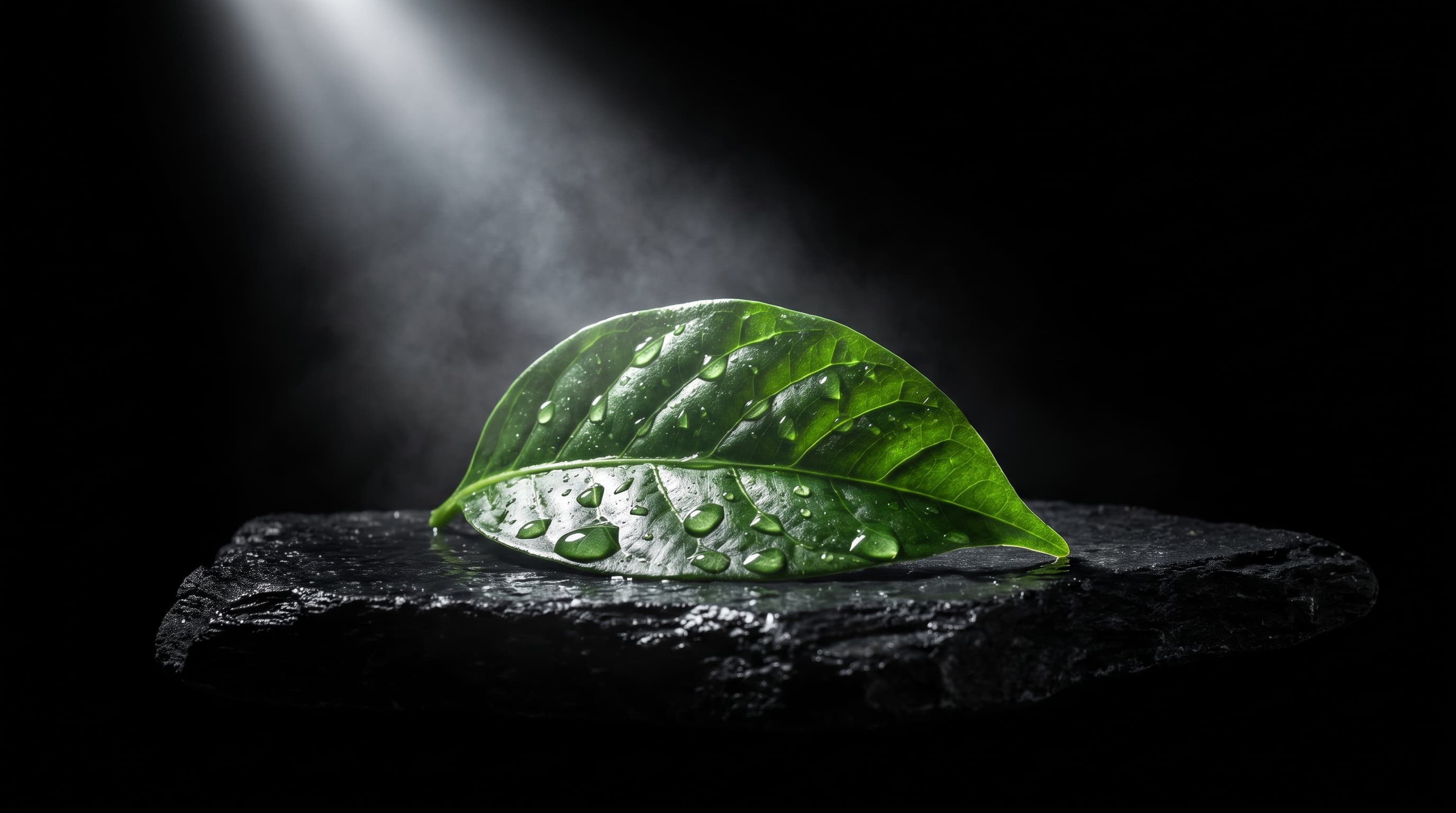 A single glossy green leaf covered with water droplets, resting on a dark stone slab against a black background with dramatic light rays and mist.