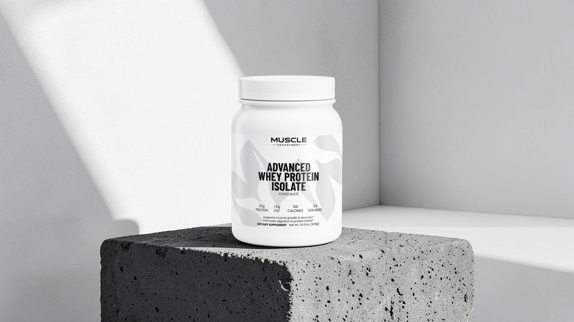A white plastic tub of Muscle Department Advanced Whey Protein Isolate in Chocolate flavor, displayed on a textured gray pedestal against a light gray background.