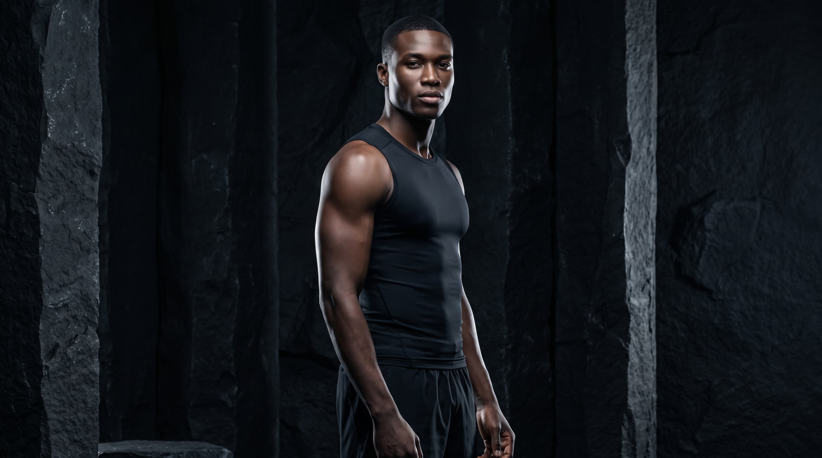 A Muscle_Department Ambassador wearing a fitted black sleeveless athletic tank top and black shorts, standing against a dark textured stone-like backdrop.