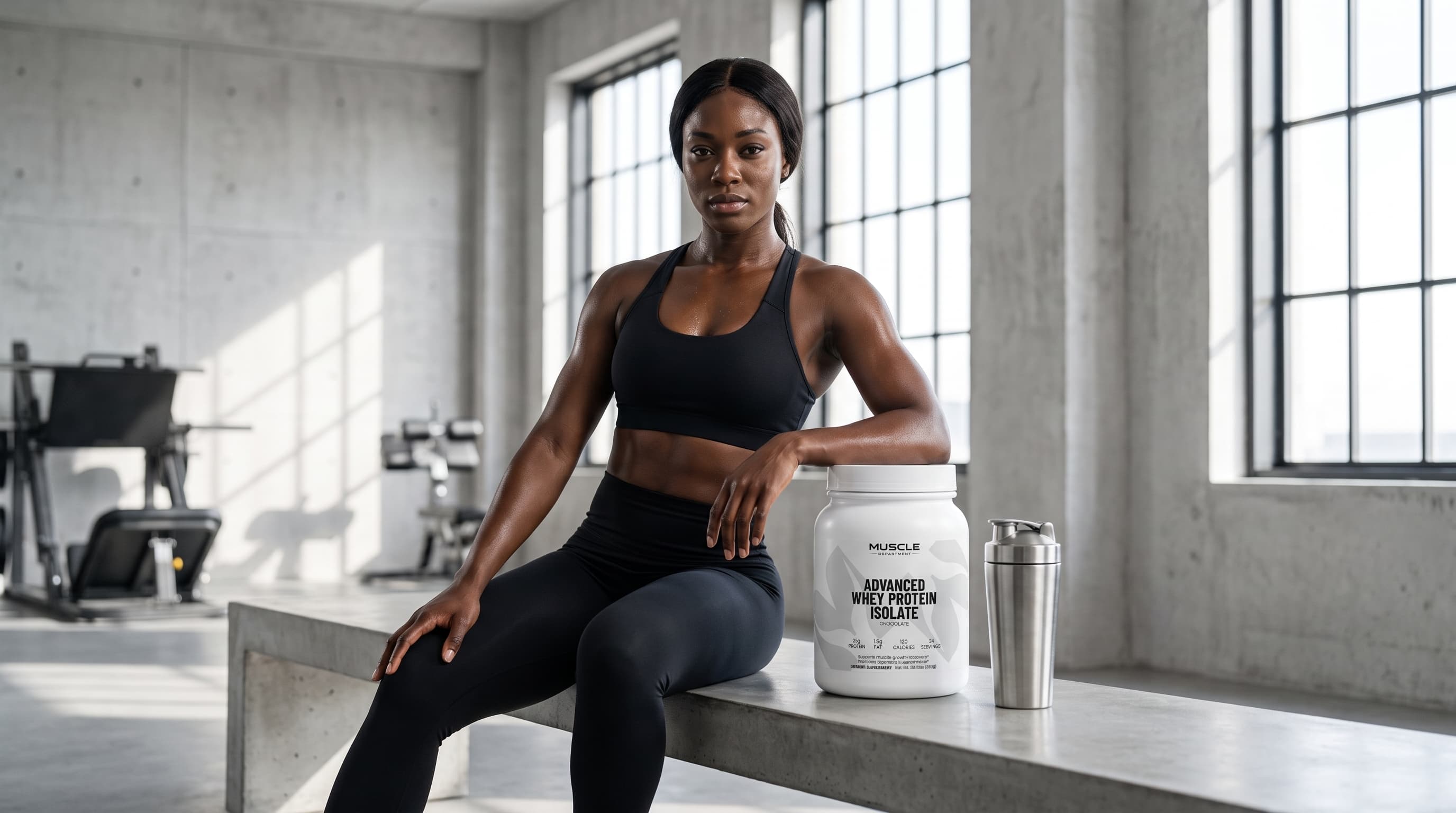 A woman in a black sports bra and leggings sits on a concrete bench in a gym, next to a white tub of Muscle Department Whey Protein Isolate and a stainless steel shaker bottle.