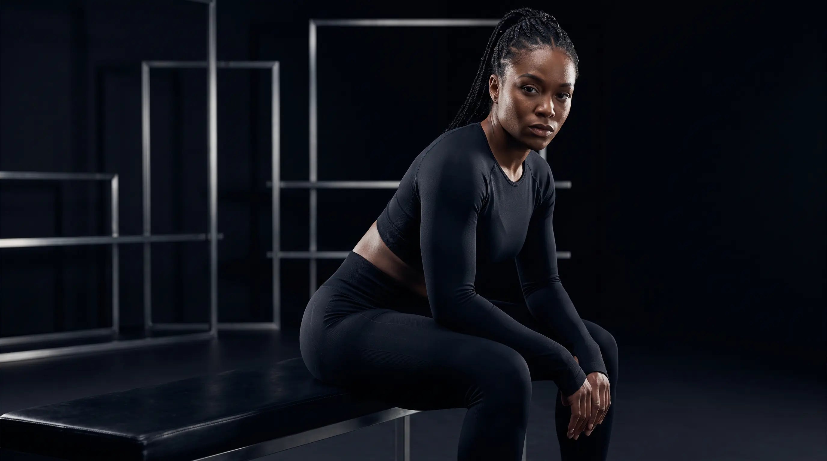 A woman wearing a black long-sleeve crop top and matching black leggings sits on a dark bench in a dim studio setting with geometric metal frame structures in the background.