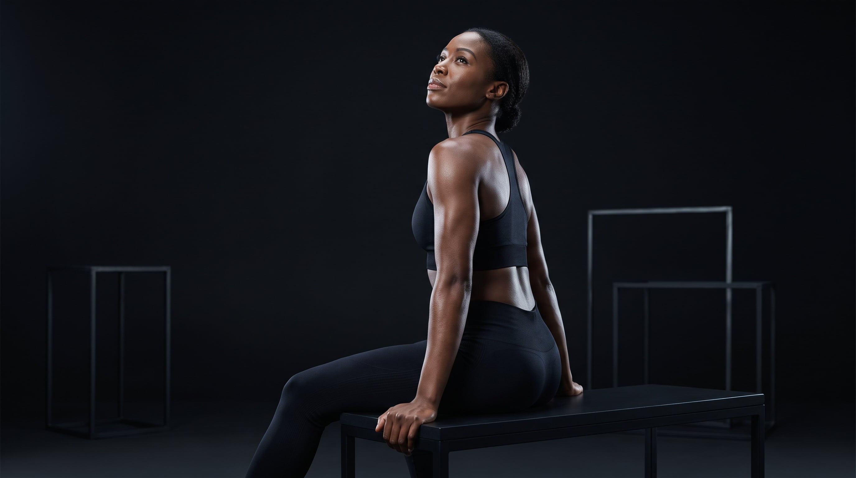 A Muscle Department athlete in a black sports bra and leggings sits on a black bench in a dark studio setting with geometric metal frame props in the background.