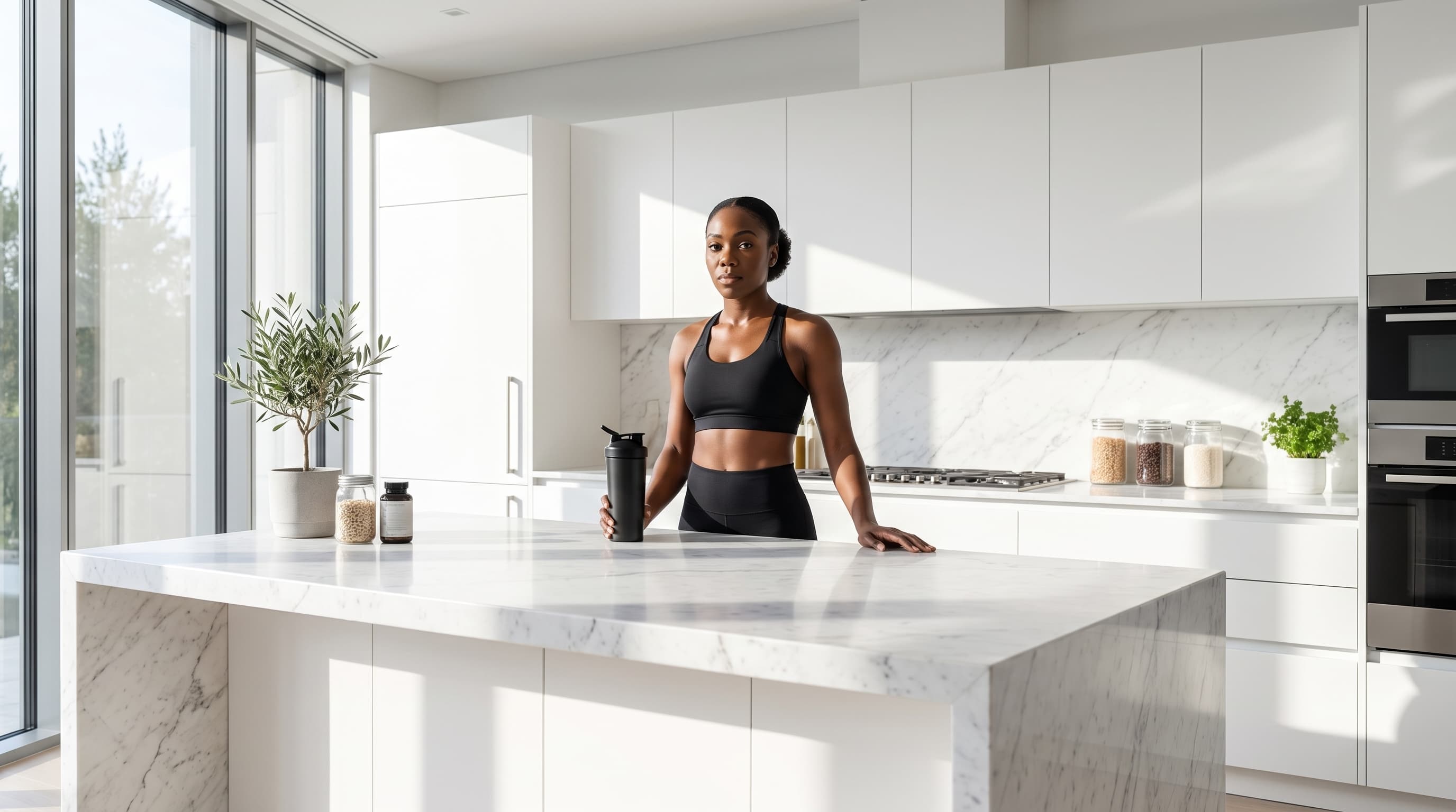 Muscle Department Ambassador in a black sports bra and leggings stands in a bright, modern kitchen with white cabinets and marble countertops, holding a black shaker bottle.