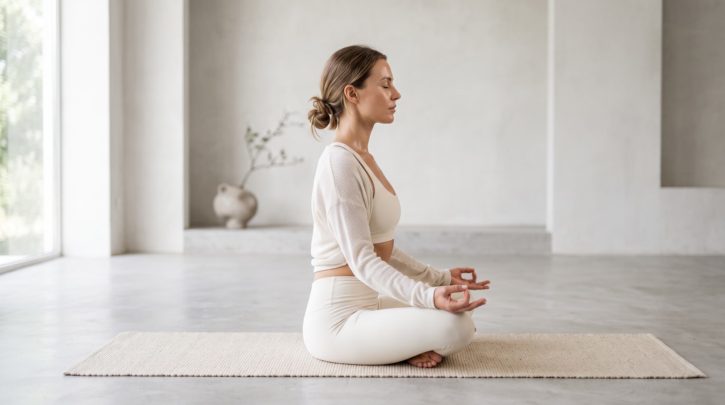 Muscle Department Ambassador in a light beige activewear set sits cross-legged in a meditative yoga pose on a woven yoga mat inside a bright, minimalist studio with large windows.