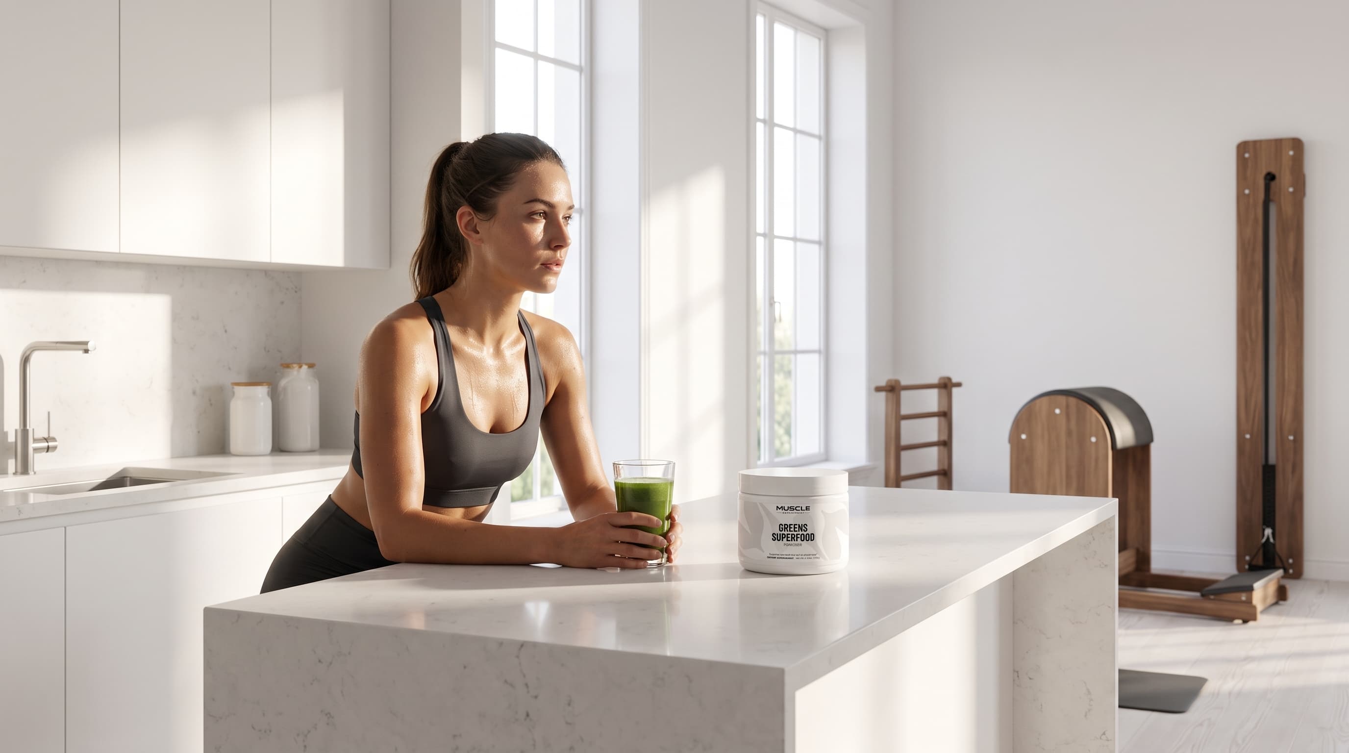 A woman in a black sports bra leans on a white kitchen island holding a green drink, with a white tub of Muscle Department Greens Superfood Powder nearby. The background shows a bright, modern kitchen and a Pilates reformer machine.