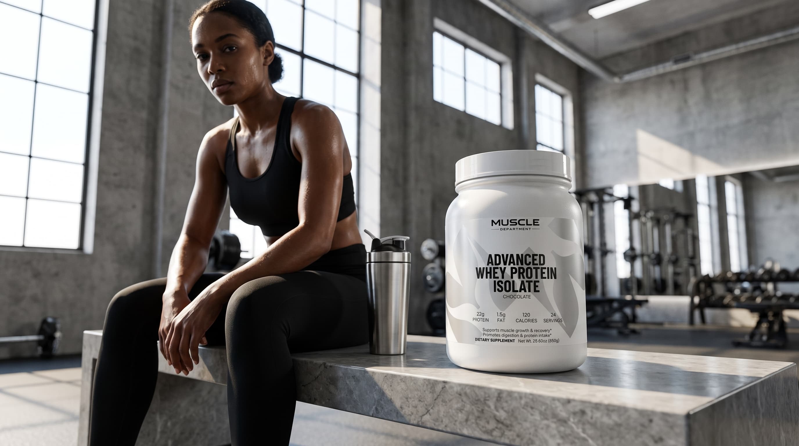 A woman in a black sports bra and leggings sits on a gym bench next to a large white tub of Muscle Department Advanced Whey Protein Isolate and a stainless steel shaker bottle in a modern industrial gym.
