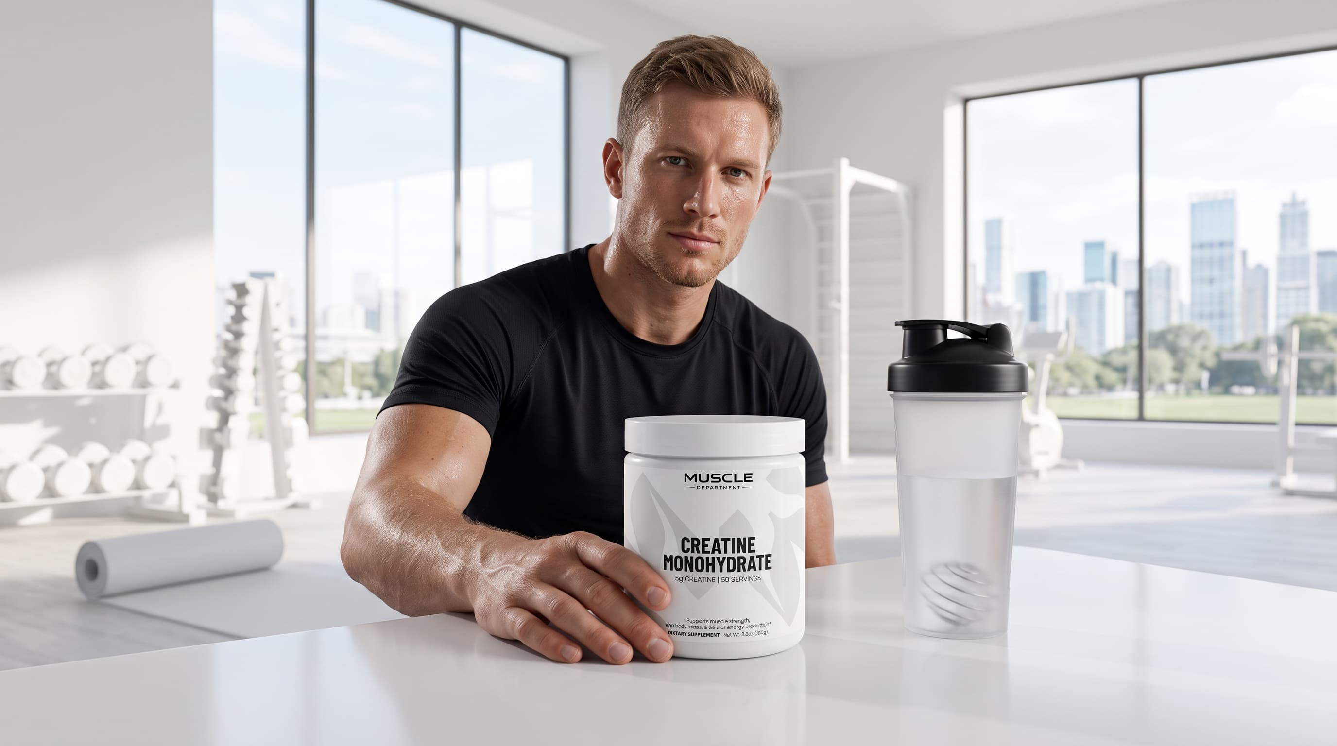 A man in a black t-shirt sits at a white table in a bright gym setting, holding a white tub of Muscle Department Pure Creatine Monohydrate Powder next to a white shaker bottle with a black lid.